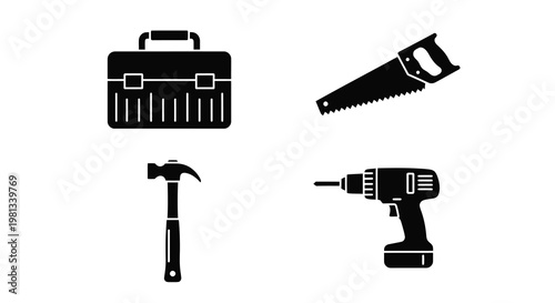 Black tool icons including a hammer drill saw and toolbox silhouette