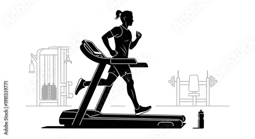 Silhouette of a person running on a treadmill in a gym.