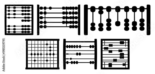 Abacus counting icon set with solid black shapes featuring math, numbers, calculation with learning and education