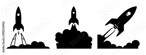Rocket launch startup set with solid black icon on white background featuring business, technology, launch with startup and entrepreneurship
