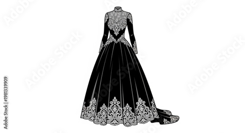 Elegant Black Ball Gown with Intricate Silver Embellishments.
