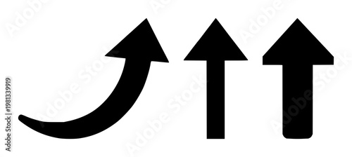 Upward arrow icon set with solid black illustration and white background featuring arrow, icon, navigation with white background and black color