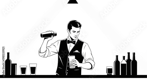 Bartender shaking cocktail at bar with bottles and glasses.