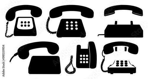 Telephone call icon set with solid black lines on white background featuring call, communication, telecommunications with black and white and vector illustration