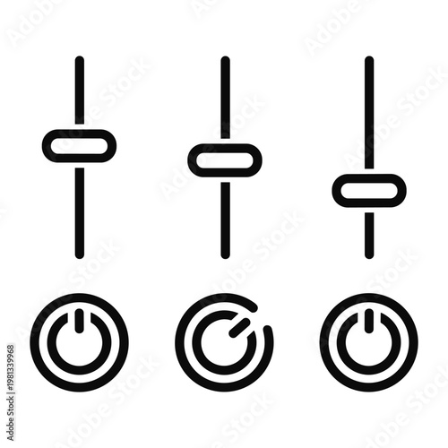 Three vertical sliders and power buttons for audio mixer interface