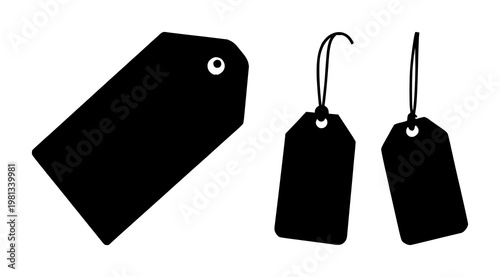 Price discount tag set with solid black icon on white background featuring discount label, price tag, sale sign with commerce and savings