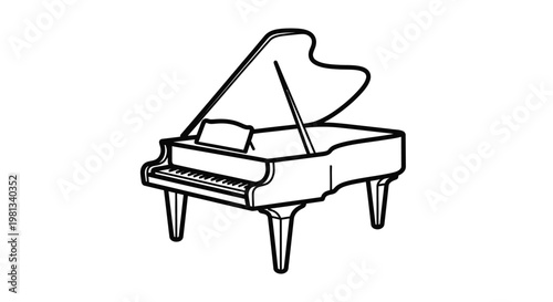 A simple black and white line drawing depicts a grand piano with its lid partially open