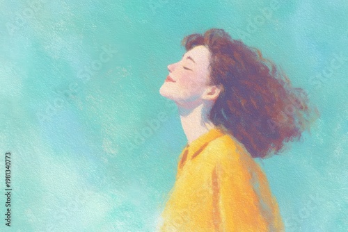The is a portrait of a young woman with curly red hair. she is standing in front of a light blue background with a hint of green.