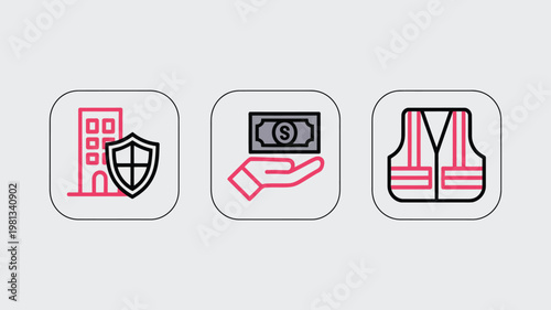 Building Protection, Financial Compensation, and Worker Safety Line Icons