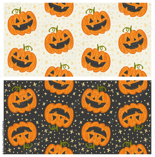 Halloween pumpkin seamless pattern borders with funny jack o lantern faces for fall season celebration and decor