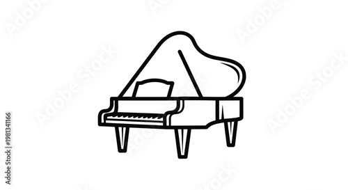 A simple black and white line drawing depicts a grand piano showcasing its elegant form