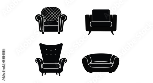 A collection of four black and white silhouette illustrations depicting different styles of armchairs and seating