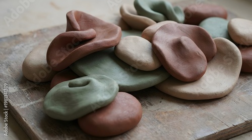 A close-up shot of various handmade organic clay shapes in natural earthy tones resting on a weathered wooden board showcasing artisanal craftsmanship.