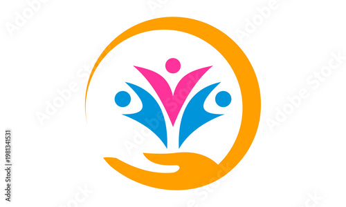 abstract family care logo with people and hand symbol
