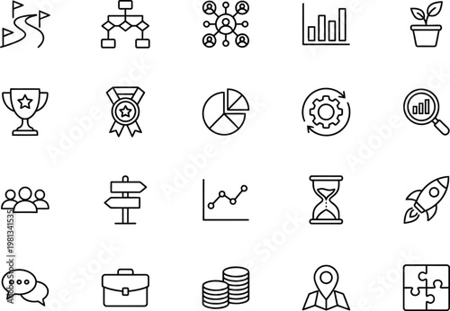 A collection of business and productivity icons on a white background