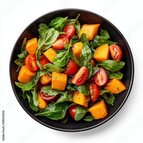 Fresh vegetable salad with cherry tomatoes, pumpkin chunks, and spinach leaves in a black bowl, healthy and colorful dish for lunch or dinner