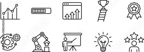 A collection of business and success icons on a white background