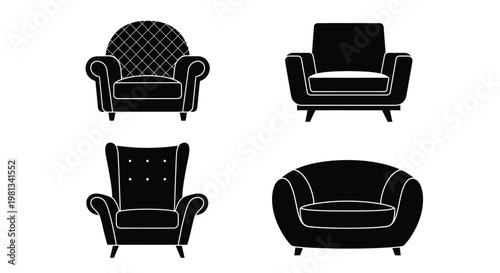 A collection of four black silhouette armchairs exhibiting diverse styles and design elements