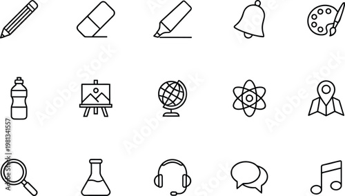 A collection of various educational icons on a white background