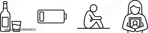 A set of four simple line icons depicting various aspects of modern life