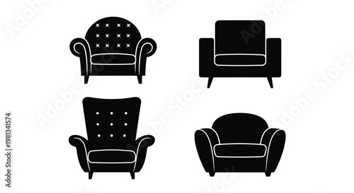 A collection of four black silhouette armchairs and chairs with varying designs