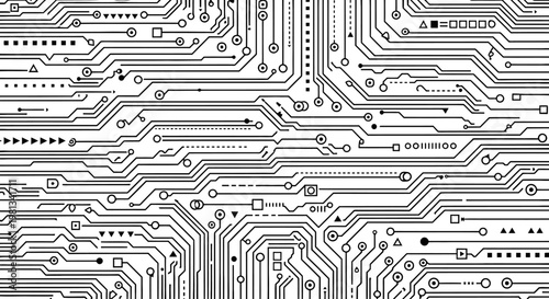 Circuit board pattern with wires and components.