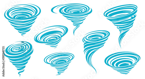 Collection of swirling blue tornado icons.