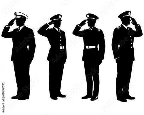 Set of Military Officer Silhouettes Saluting, Collection of Soldiers in Uniform Paying Respect, Veterans Day and Memorial Day Honor Concept Isolated on White