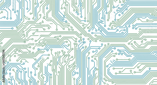 Circuit board pattern with blue and green lines.