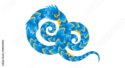 a blue and yellow dragon on white background.
