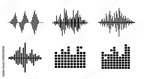 Sound wave patterns and audio signal graphics.