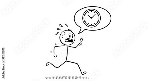 Time Pressure Sweating Stick Figure Man Running with Clock Speech Bubble, Isolated on White, Cartoon Illustration