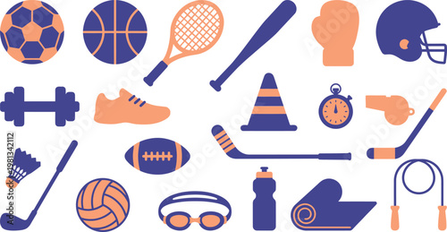 Colorful collection of various sports equipment icons featuring balls bats rackets and gear for athletic training activities