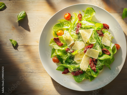 A top-down view of Caesar salad featuring crisp green lettuce and flavorful sun-dried tomatoes. Topped with thin shavings of parmesan cheese, served on a white plate over a rustic wooden table.