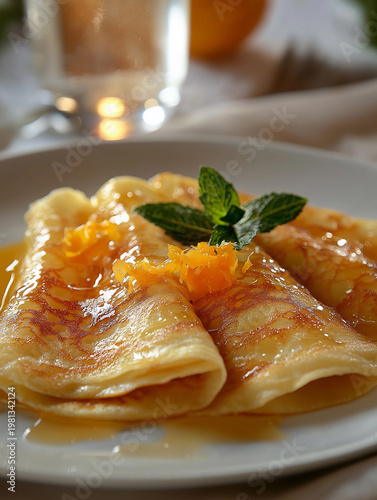 Close up of classic French Crepes Suzette folded on a white plate, drizzled with a glossy orange caramel sauce. Garnished with fresh mint leaves, orange zest, and a scoop of vanilla ice cream.