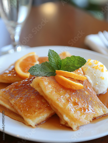 Close up of classic French Crepes Suzette folded on a white plate, drizzled with a glossy orange caramel sauce. Garnished with fresh mint leaves, orange zest, and a scoop of vanilla ice cream.