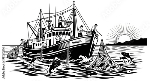 Fishing boat hauling in a large net full of fish at sunrise.