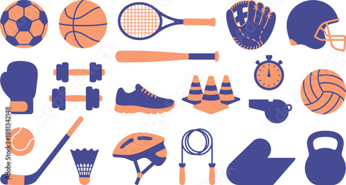 A comprehensive collection of vibrant athletic equipment, including balls, rackets, protective gear, and fitness accessories.