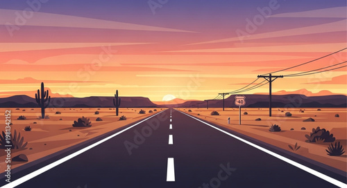 Desert Highway at Sunset with Cacti and Telephone Poles.