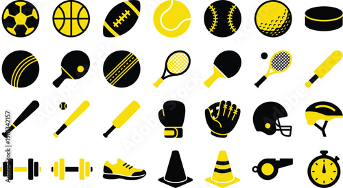 A collection of various yellow and black icons representing popular sports equipment and essential athletic training gear