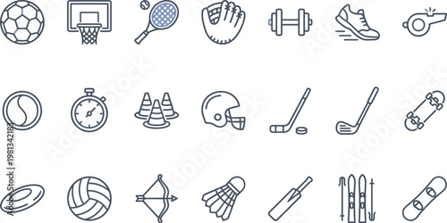 A comprehensive collection of line art sports icons with blue accents, representing diverse athletic activities and essential equipment.