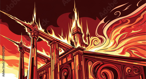 Gothic Architecture Structure Engulfed in Flames During a Dramatic Sunset.