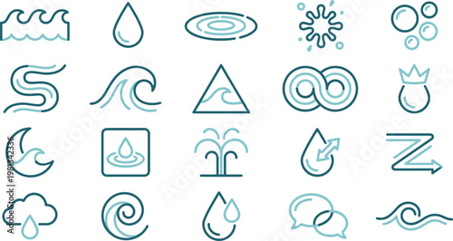 A collection of stylized blue water icons featuring waves, droplets, splashes, and fluid nature themed graphic designs