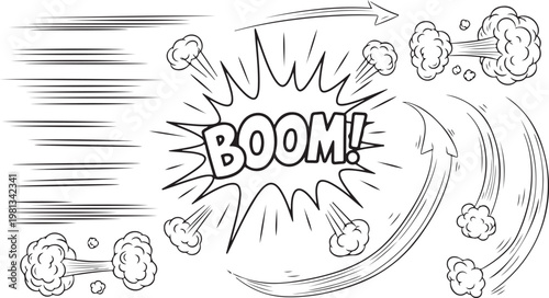 Cartoon speed line effect vector set with explosive motion elements. Comic style boom bursts, dynamic smoke shapes and action lines in hand drawn sketch doodle style. Vector illustration..