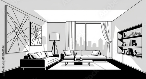 Modern Living Room Interior Design Sketch with City View.