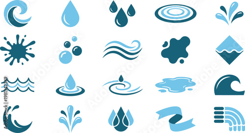 Collection of blue water icons featuring fluid shapes splashes ripples waves and droplets for modern graphic design