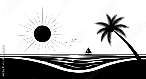Tropical Beach Sunset with Palm Tree and Sailboat.