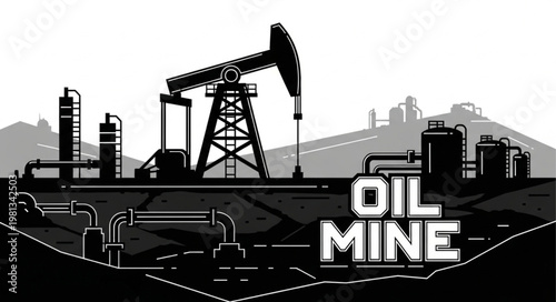 Oil mining industry equipment and infrastructure illustration.