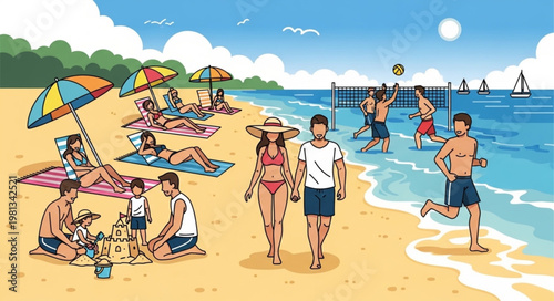 People enjoying a sunny day at the beach with various activities.