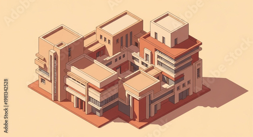 Modern architectural building complex with geometric shapes and flat roofs.